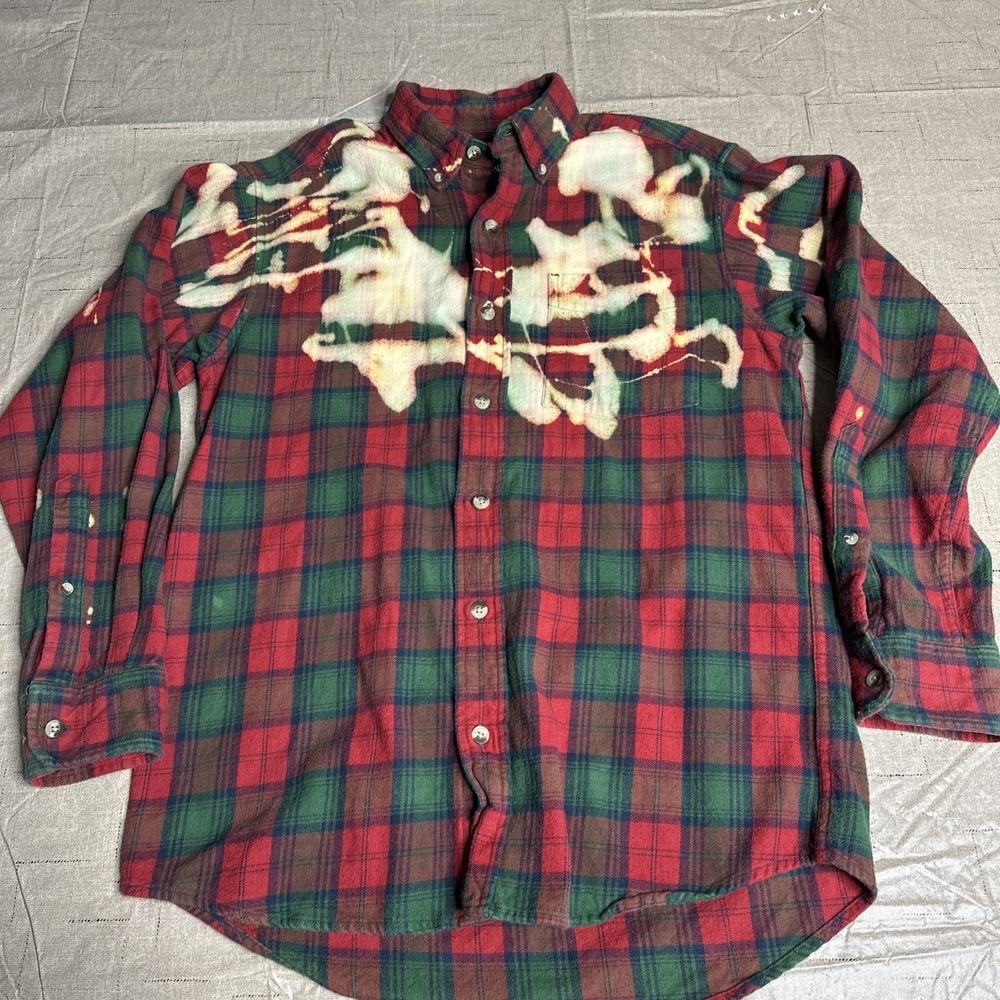 Red Head Mens Flannel Button Front Shirt S Long Sleeve Red Green Plaid Bleached